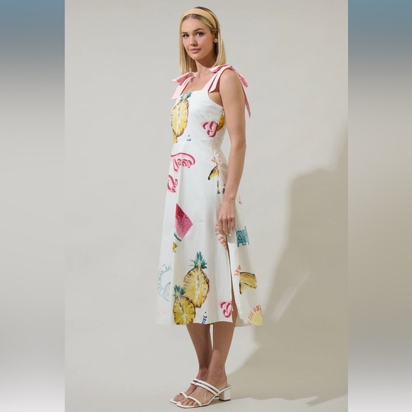 SugarLips Zahra Island Tyra Smocked Midi Ivory Multi - Picture 3 of 7